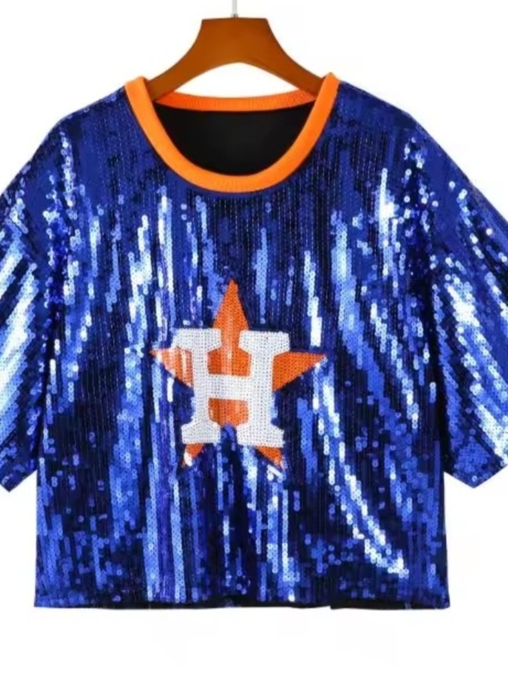 Blue Sequin Ladies Cropped Jersey with Orange Star Accent